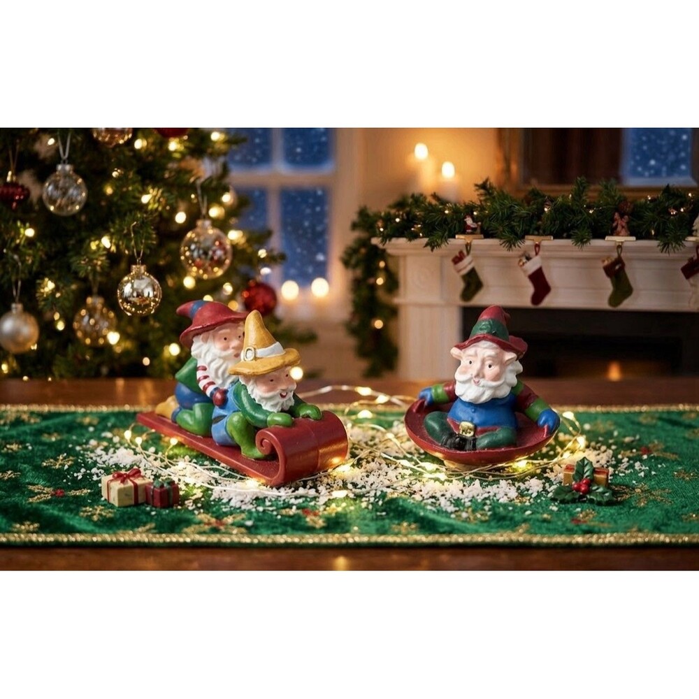 Christmas Village Accessories Downhill Elves Dept 56 North Pole Elves Sledding